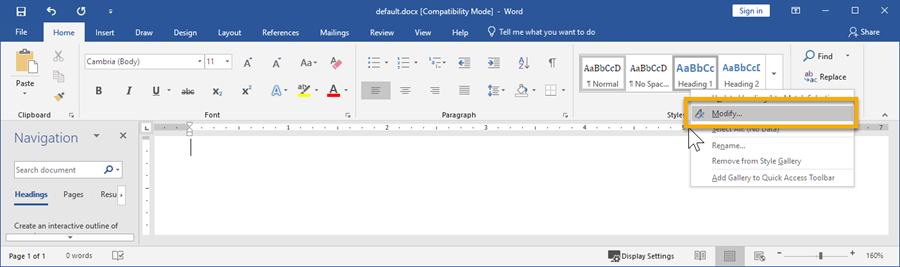 Right-click on Header 1 in the Style section of the Home tab of the Microsoft Word's. Select Modify... from the drop-down menu
