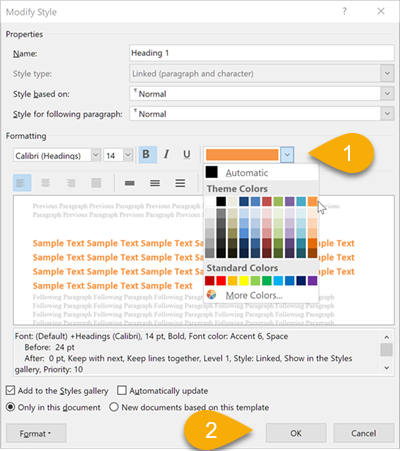 Change the font colour of Heading 1 style from blue to orange and click OK to accept this change