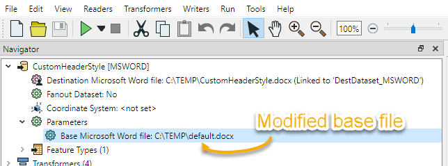 Specify the modified base file in the Microsoft Word writer's Base Microsoft Word file parameter
