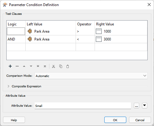 The Parameter Condition Definition dialog allows a user to create a test condition and an output for a feature that passes that condition.
