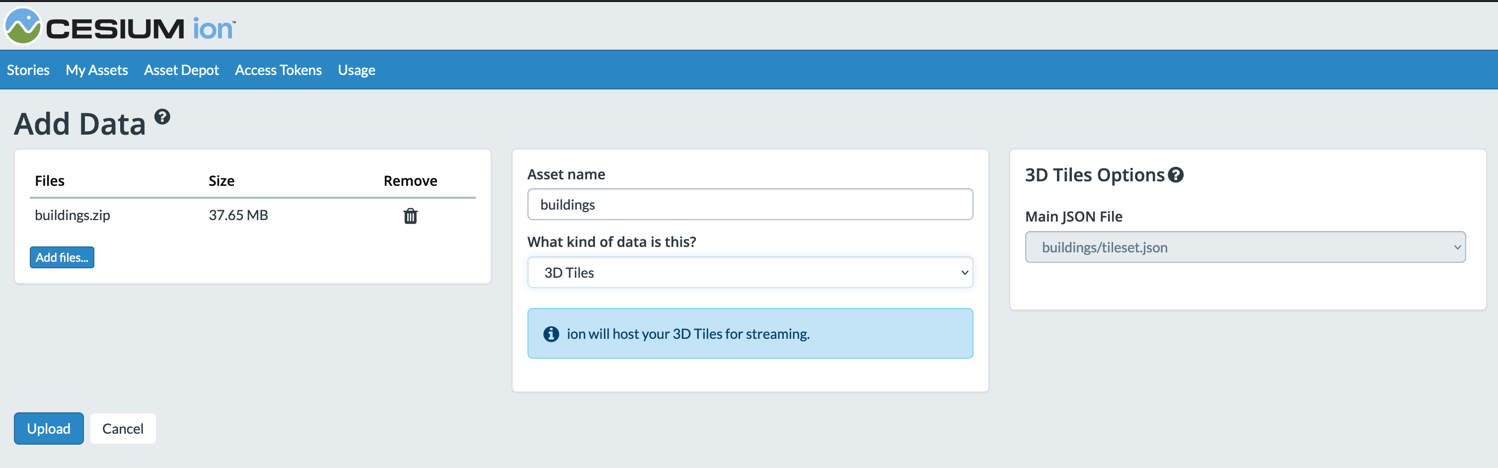 Upload output by going to Add Data in My Assets in Cesium Ion
