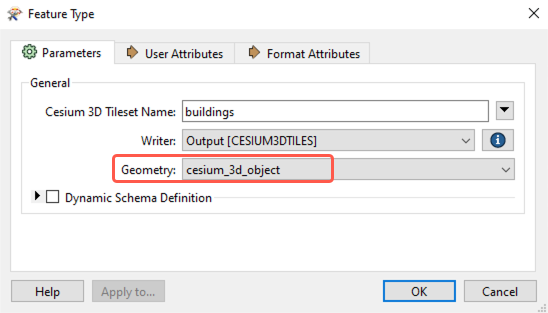 Cesium writer feature type Geometry is set to cesium_3d_object
