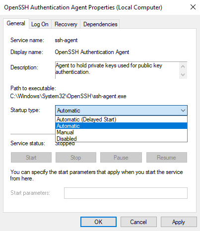 Change OpenSSH Authentication Agent to startup type to