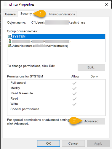 Access the private key file's security properties in the Properties > Security > Advanced
