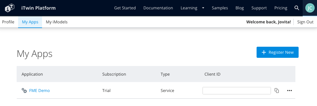 My Apps showing FME Demo and the Client ID