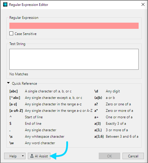 Artificial Intelligence (AI) Assist is available as Tech Preview in the Regular Expression editor in FME Form 2023.1.