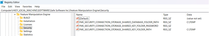 Windows Registry Editor showing the registry keys at Computer\HKEY_LOCAL_MACHINE\SOFTWARE\Safe Software Inc.\Feature Manipulation Engine\Security