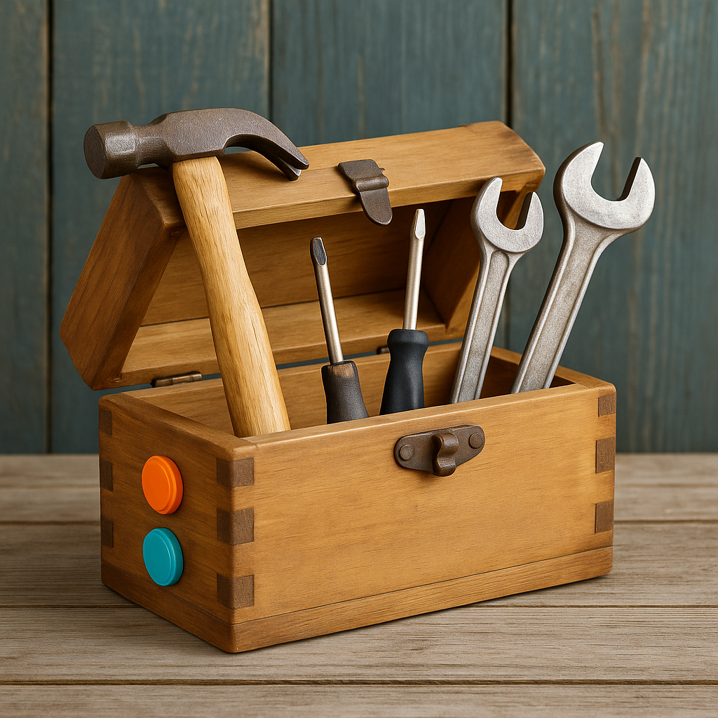 AI Generated image of an FME-branded wooden toolbox with various tools inside.
