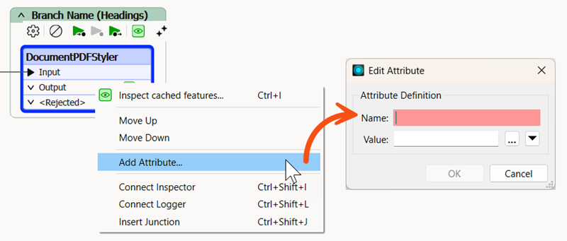Hover over a transformer output port, right-click, and select Add Attribute... to add an attribute directly on a transformer output port without using additionl transformers..