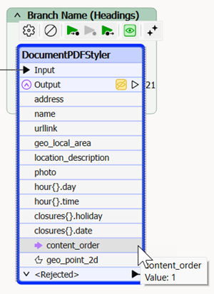 A purple V inside a circle is a visual indicator for one or more attributes have been created on this output port. These directly-created attributes have a purple arrow to the left of the attribute name on the output port dropdown.