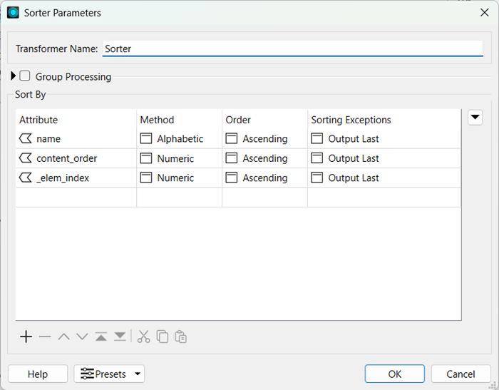 Parameter configuration for the Sorter transformer. Sorted by name (alphabetic, ascending), then content_order (numeric, ascending), and then _elem_index (numeric, ascending).
