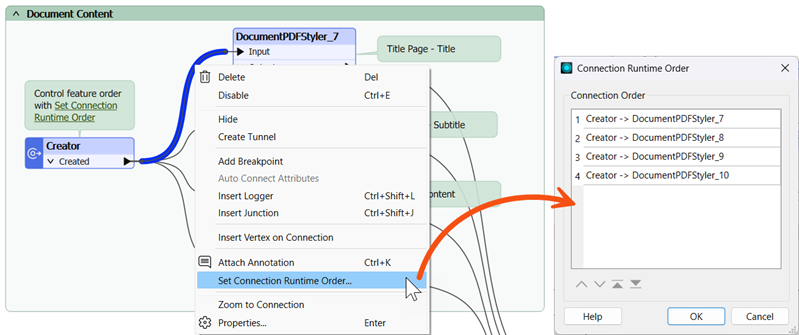 Click on a connection between the Creator and DocumentPDFStyler and select "Select Connection Runtime Order..." to the open the Connection Runtime Order dialog.