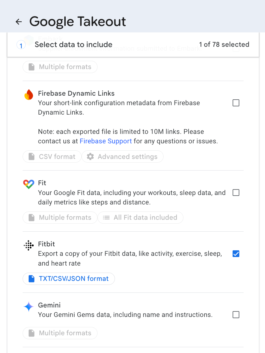 Google Takeout data download selection