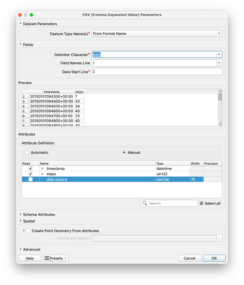 Step data CSV parameters