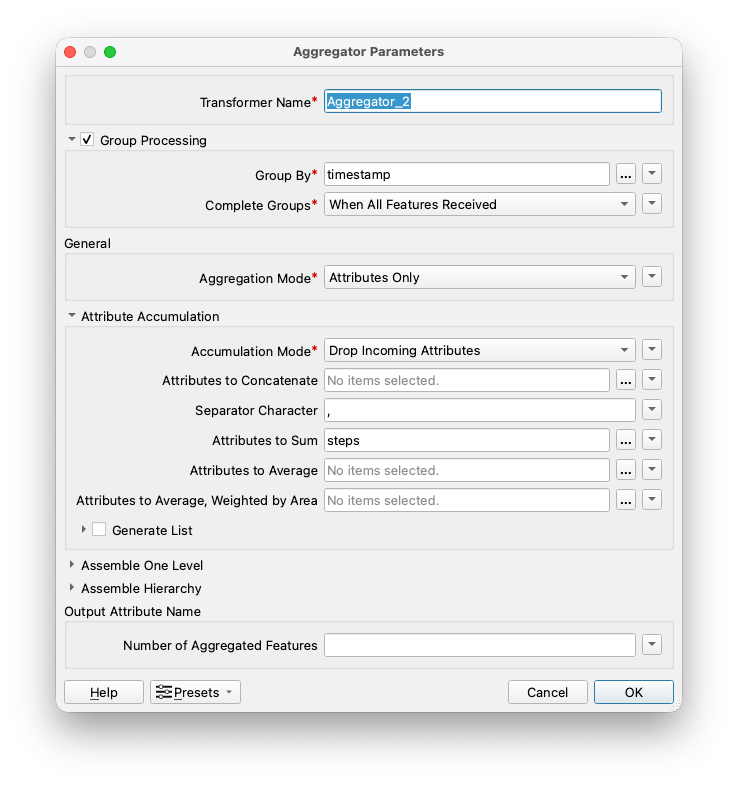 Aggregator parameters