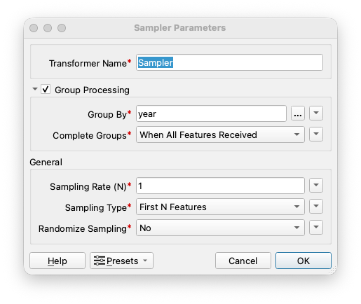 Sampler for selecting one feature per year