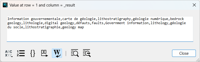 Results of JSONiq extension to XQuery expression in step 1 where $value objects is extracted from dcat:Keyword