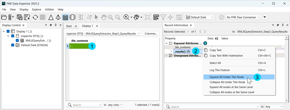 Click on output record in Data Inspector, right-click on _results{} list and select "Expand All Under This Node" to see list attribute in Record Information window