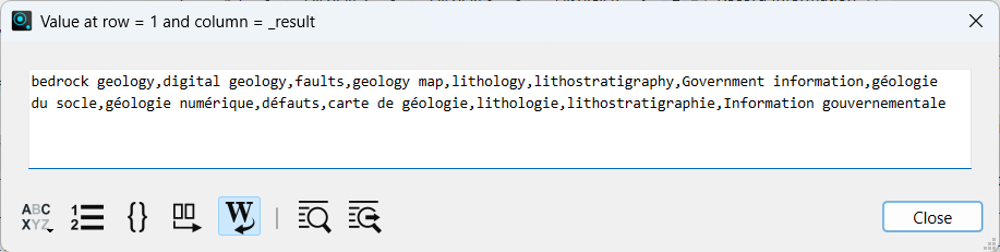 Output of step 2's XQuery expressions with fourteen dataset keywords stored in _result attribute and delimited by commas