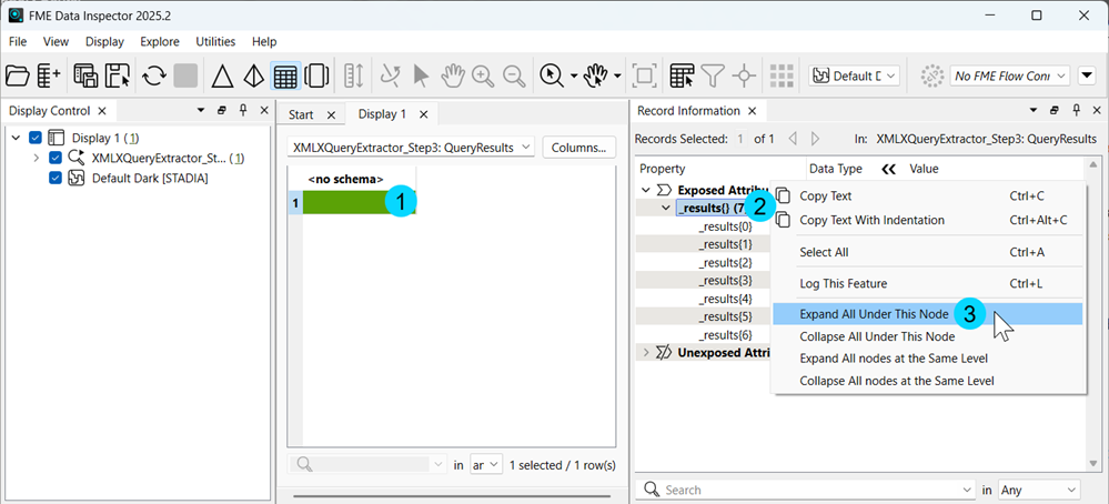 Click on output record in Data Inspector, right-click on _results{} list and select "Expand All Under This Node" to see list attribute in Record Information window