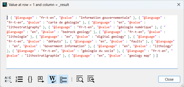 Results of JSONiq extension to XQuery expression in step 1 where the dcat:Keyword array is extracted