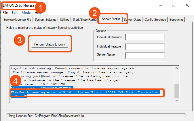 Machine generated alternative text:
LMTOOLS by Flexera 
File Edit Mode 
Service/l_jcense file I System Settings I Utilities I Start/Stop/Rerea Server St atus 
"Win 
er Diags 
I Config Services I Bon-owing I 
Helps to monitor the status of network licensing activities 
P effom Status Enquiry 
ect to 
Options 
Individual Daemon 
Individual Feature 
Server Name 
w æng 
Lice 
using License File: CNProgram 
(Imgzd) has 
started 
used , 
e file has 