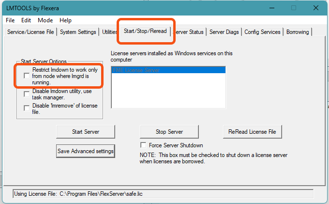 Machine generated alternative text:
File Edit Mode Help 
Service/l_jcense file I System Settings I 
Resthct Imd0',vn to only 
from node where Imgrd is 
e m own utity. use 
task manager 
Disable Imremove• of license 
Start Server 
er Status I Server Dags I Config Services Bon-owing I 
utiliti Start 'Stop 'Reread 
License servers installed as Windows services on this 
computer 
Stop Server 
r Force Server Shutdown 
ReRead License File 
Save Advanced setting 
NOTE: This box must be checked to shut down a license server 
when licenses are borrowed 
using Ljcense File C \Program 