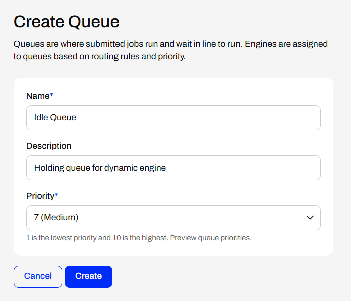 Create Queue dialog with the Idle Queue settings