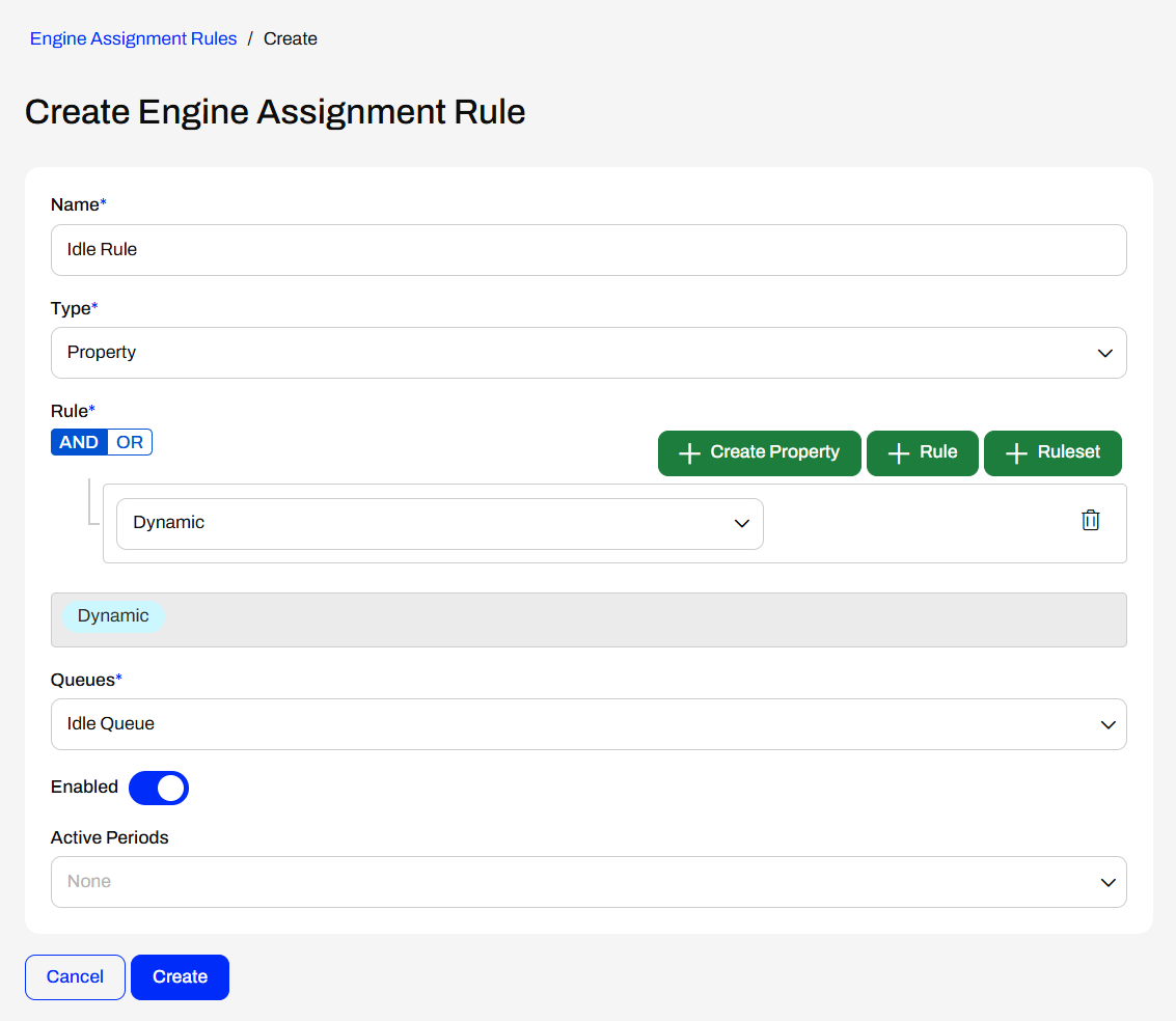 Create Engine Assignment Rule dialog with the Idle Rule settings
