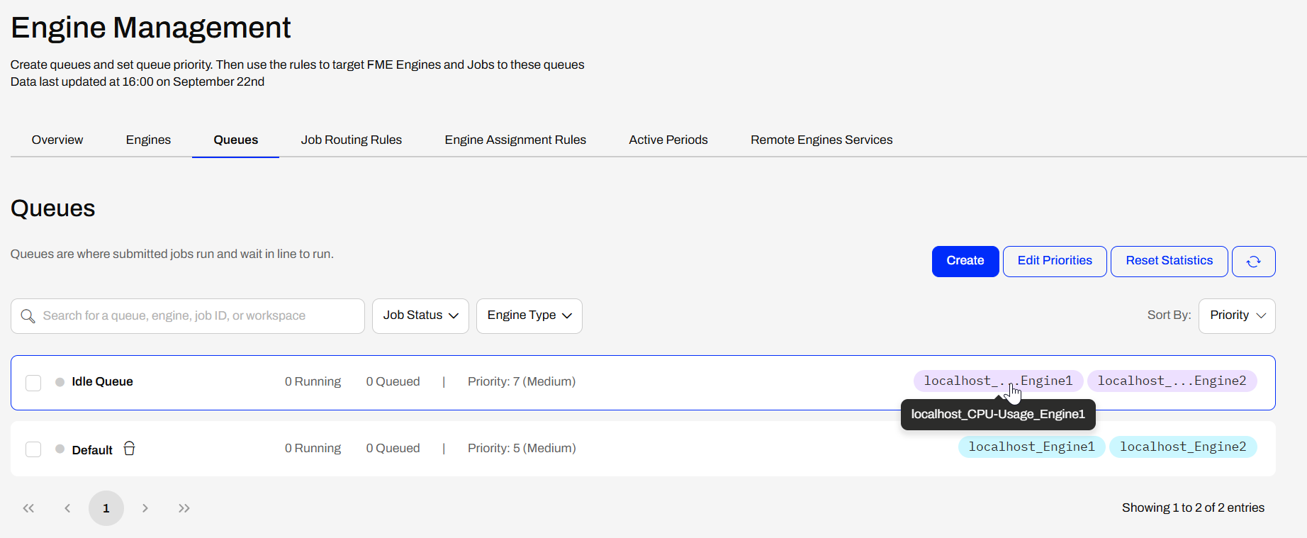 Engine Management page with Idle Queue assigned to the CPU-Usage engines