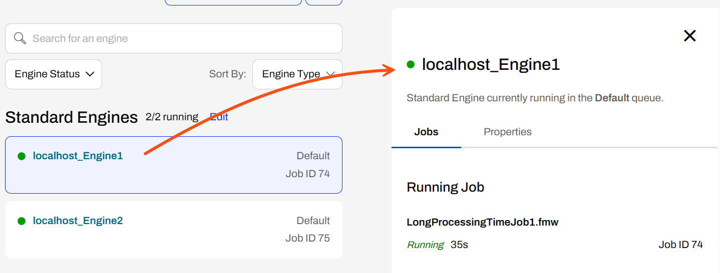 Job history for a selected engine