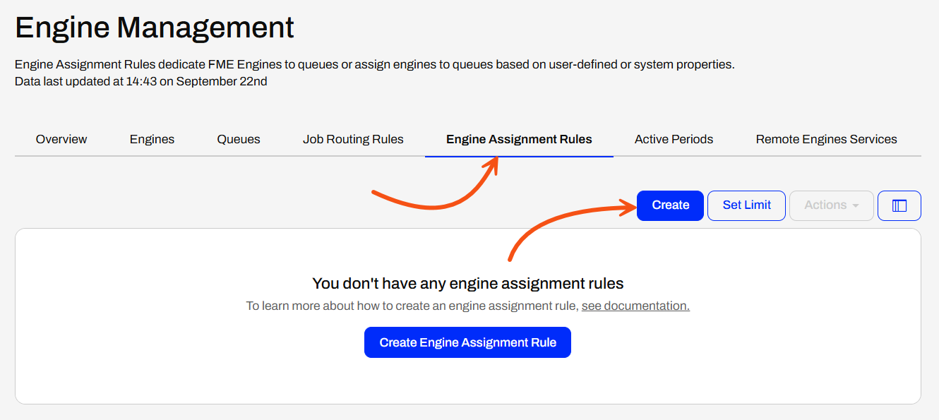 Engine Assignment Rules page with the Create button