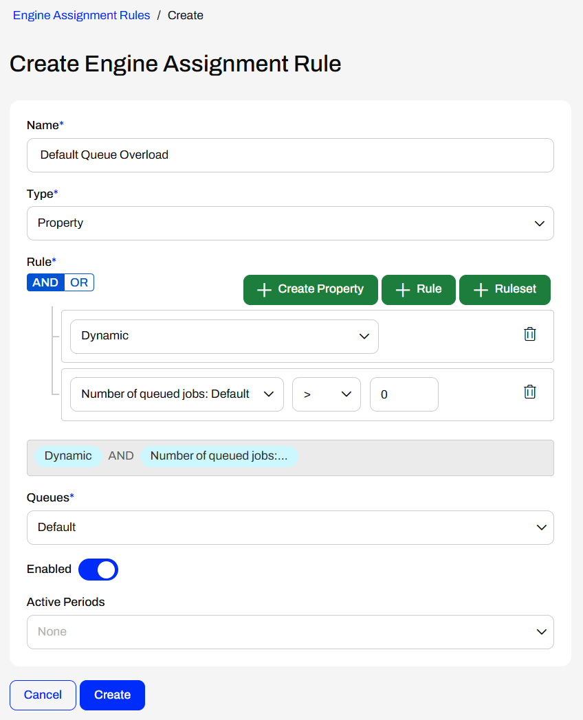Create Engine Assignment Rule dialog with the Default Queue Overload settings