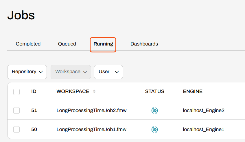 Close-up of the Running jobs page