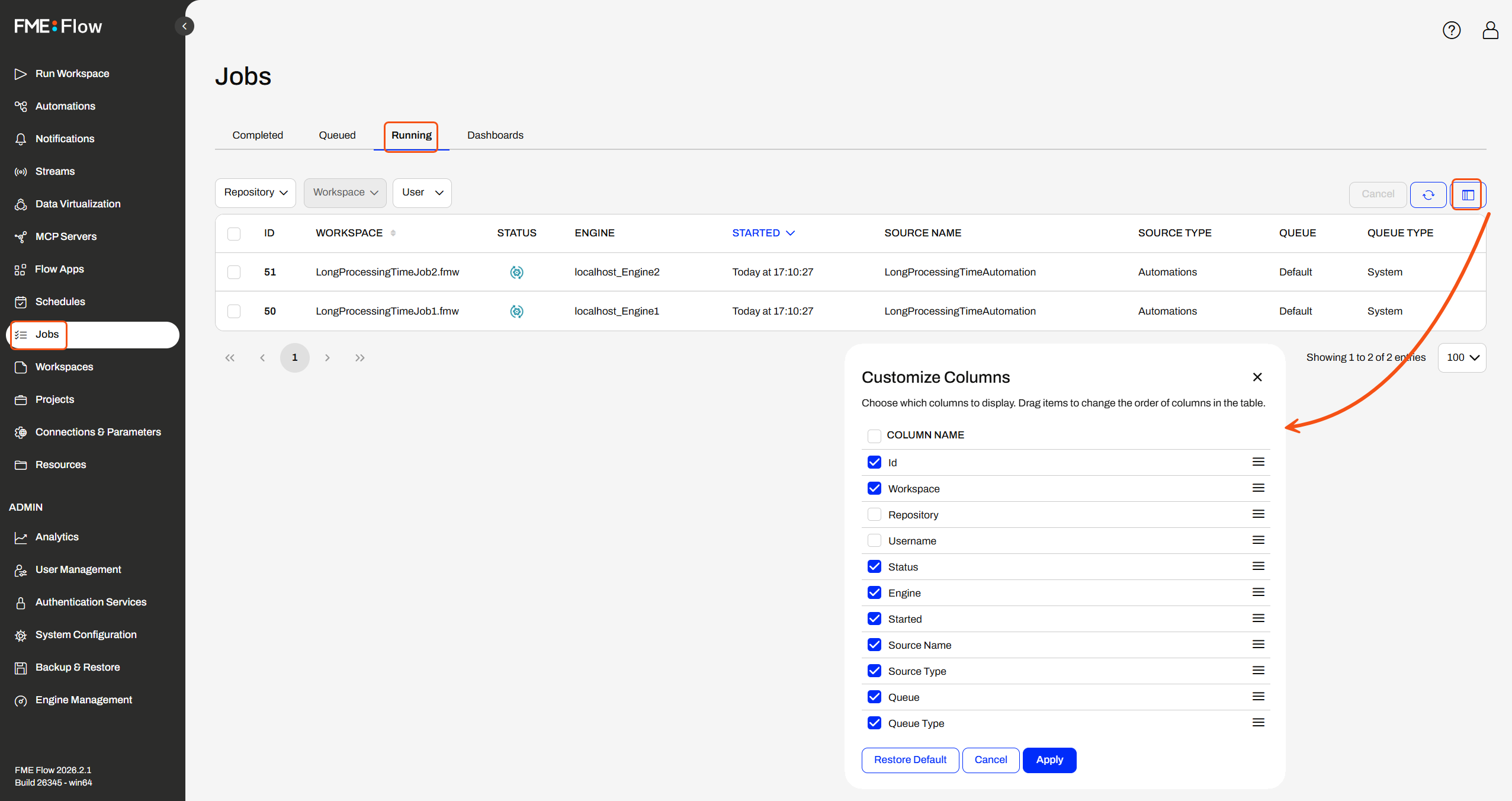 Running jobs page showing both workspaces on Standard engines
