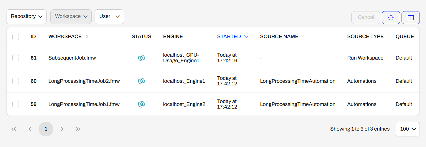 Running jobs page showing SubsequentJob.fmw on a CPU-Usage engine