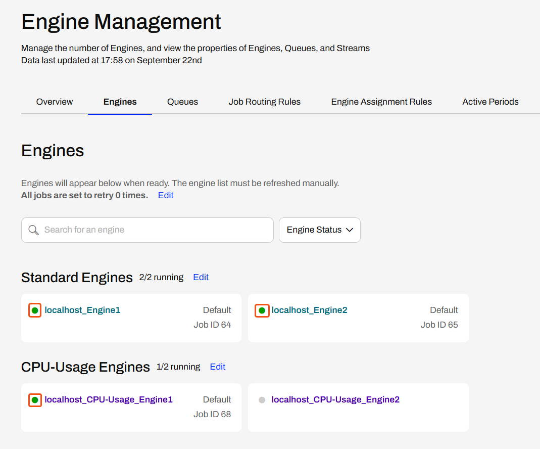 Engine Management page with running job icons